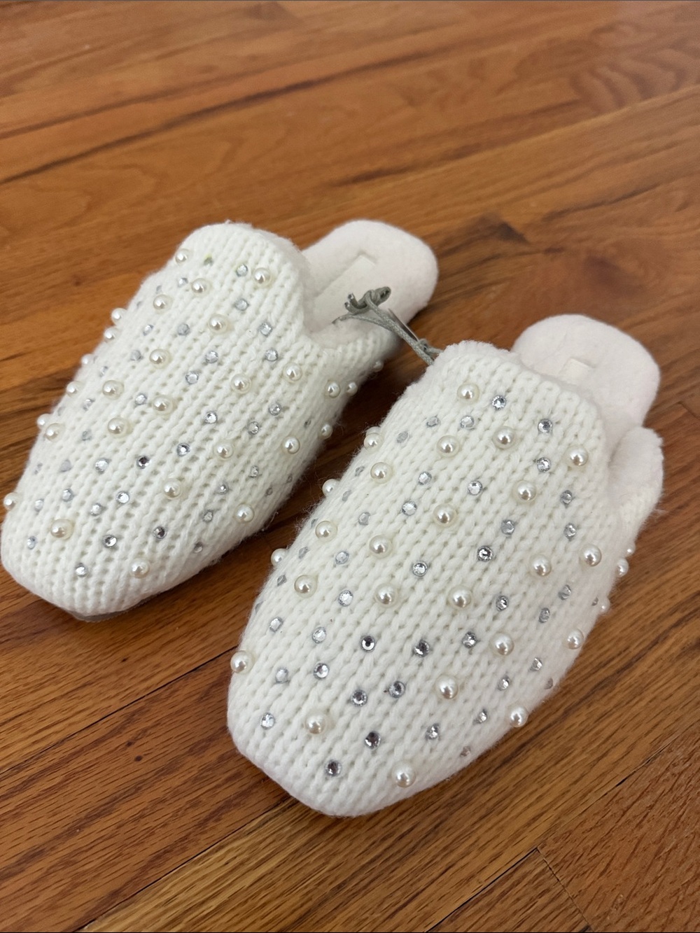 Anthropologie Cream Knit Pearl & Rhinestone Slip-On Slippers